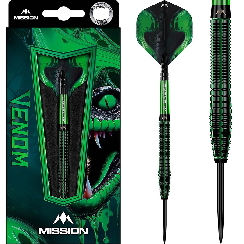 Mission Venom Darts – Steel Tip – 90% Tungsten – Black & Green Electro 23 grams