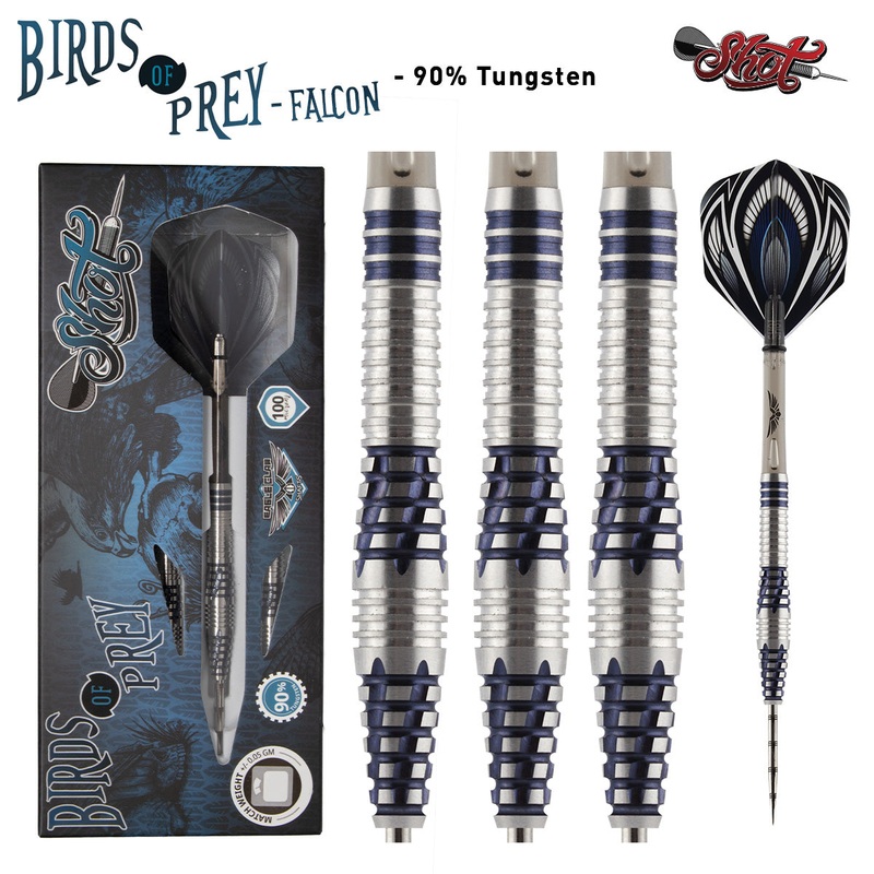 Shot Birds of Prey Falcon Steel Tip Dart Set-90% Tungsten Barrels-25gm